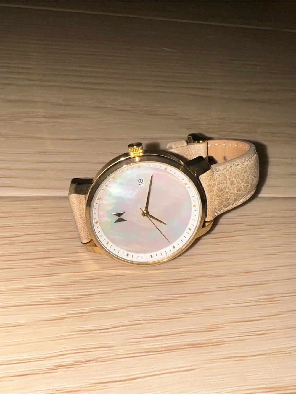 MVMT Women's Gold Case Iridescent Mother-of-Pearl Dial Watch with Beige Strap
